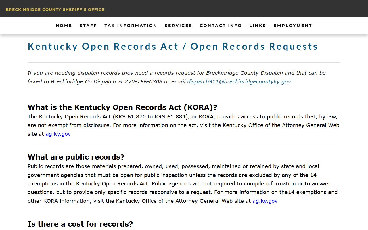 Breckinridge County arrest records and court charges sheriff open records request