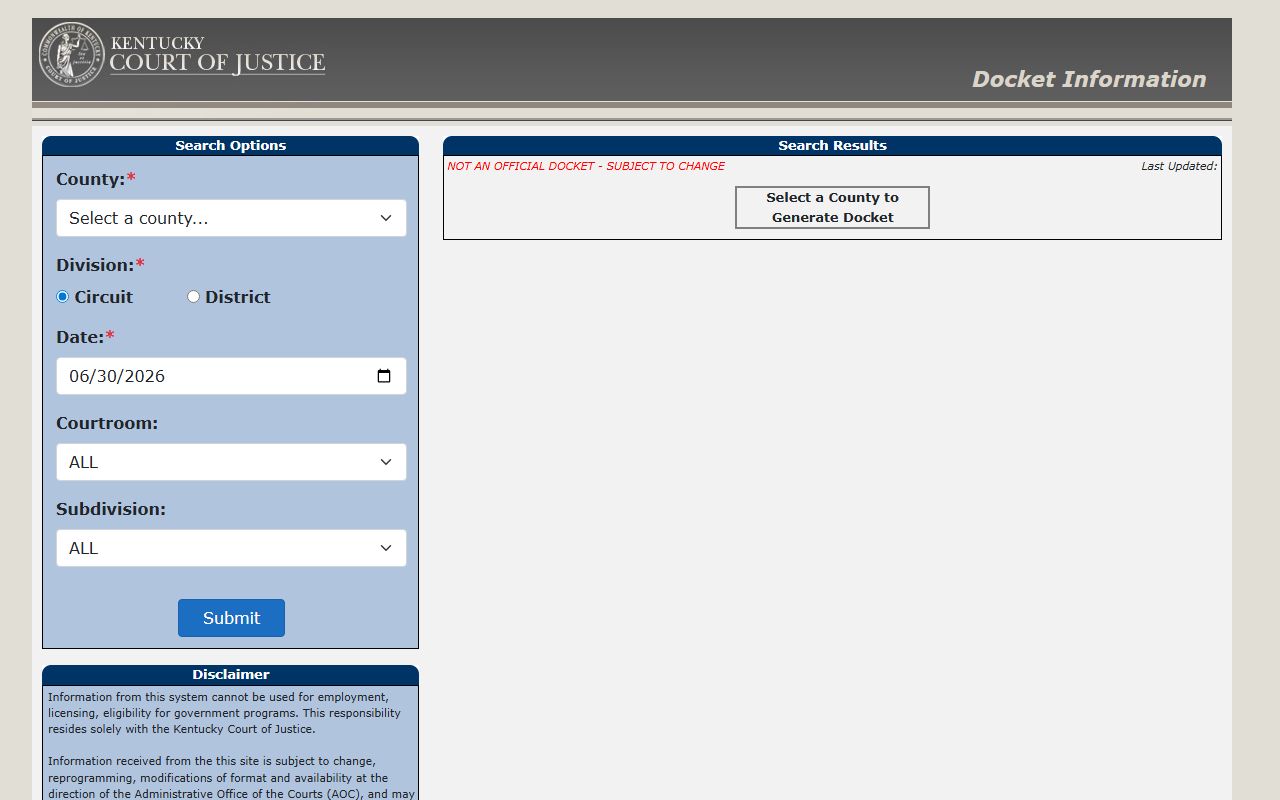 Breckinridge County court dockets Kentucky docket search interface