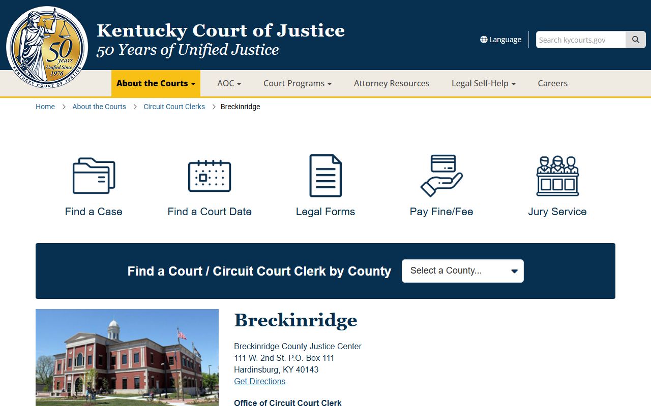 Breckinridge County court records Justice Center information page