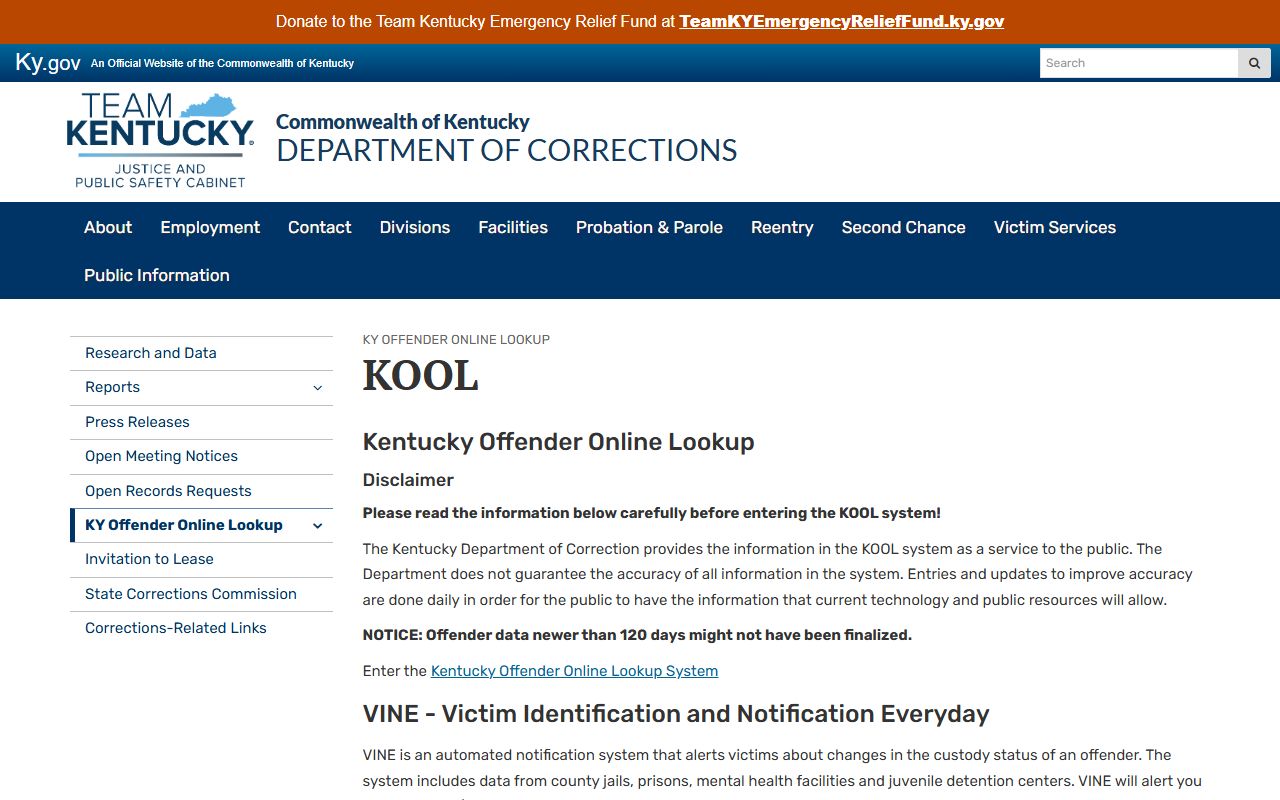 Breckinridge County inmate records Kentucky DOC KOOL information