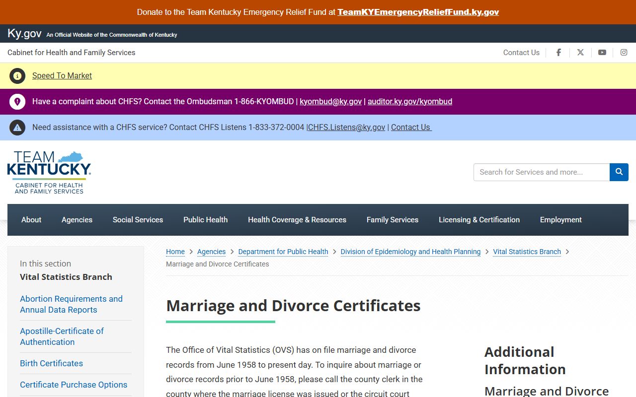 Breckinridge County marriage and divorce records certificate ordering through Kentucky Vital Statistics